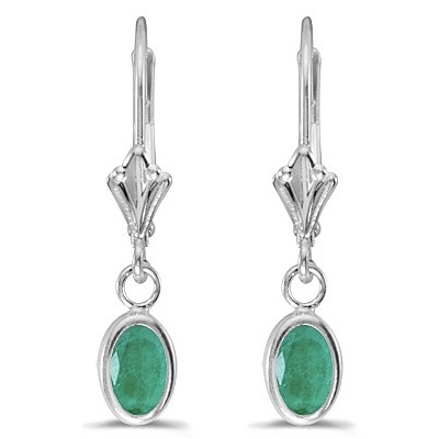 Oval Emerald Lever-back Drop Earrings in 14K White Gold (0.90ct)