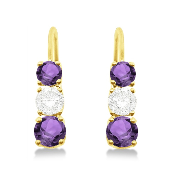 Three-Stone Leverback Diamond & Amethyst Earrings 14k Yellow Gold (1.00ct)