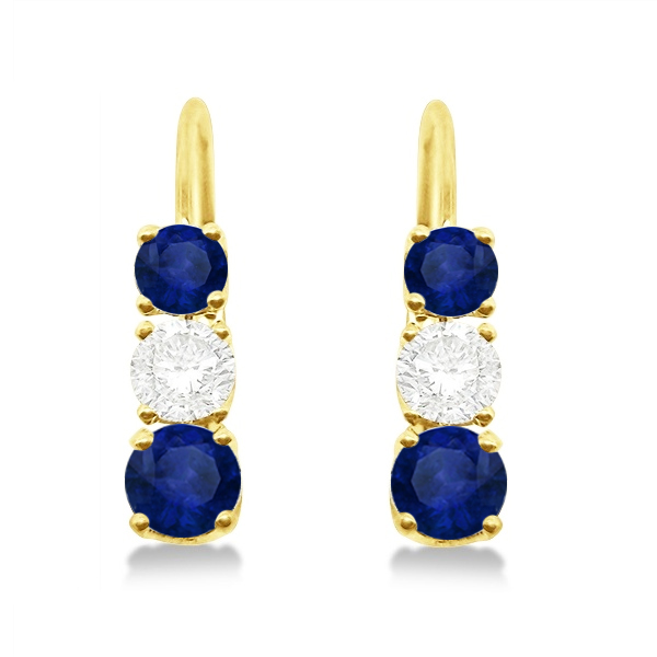 Three-Stone Leverback Diamond & Blue Sapphire Earrings 14k Yellow Gold (1.00ct)