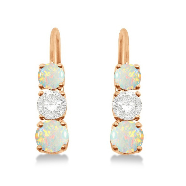 Three-Stone Leverback Diamond & Opal Earrings 14k Rose Gold (1.00ct)