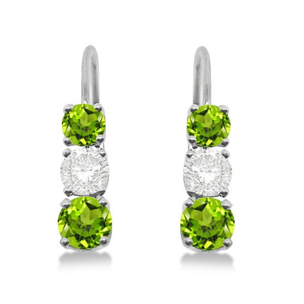 Three-Stone Leverback Diamond & Peridot Earrings 14k White Gold (1.00ct)