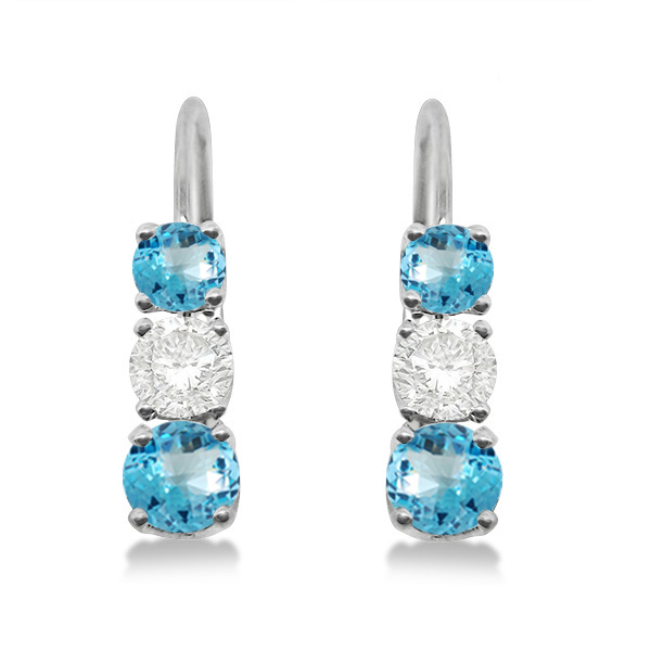 Three-Stone Leverback Diamond & Blue Topaz Earrings 14k White Gold (2.00ct)