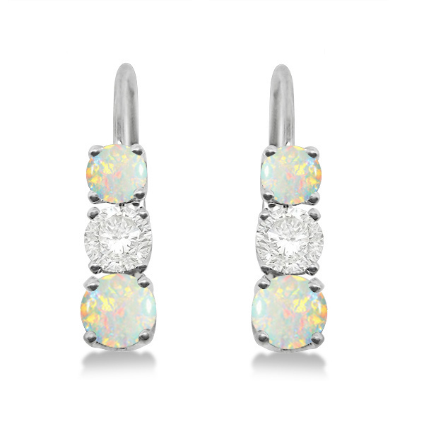 Three-Stone Leverback Diamond & Opal Earrings 14k White Gold (2.00ct)