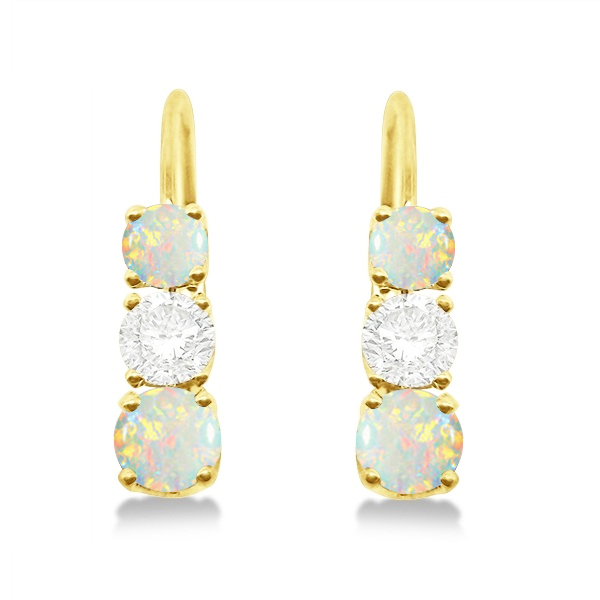 Three-Stone Leverback Diamond & Opal Earrings 14k Yellow Gold (2.00ct)