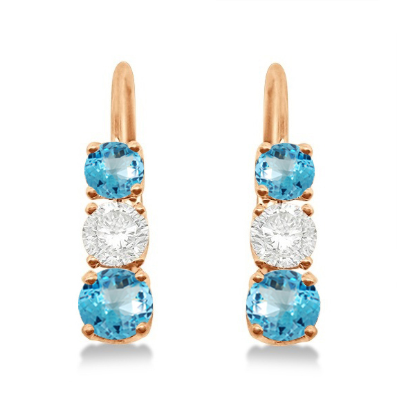 Three-Stone Leverback Diamond & Blue Topaz Earrings 14k Rose Gold (3.00ct)