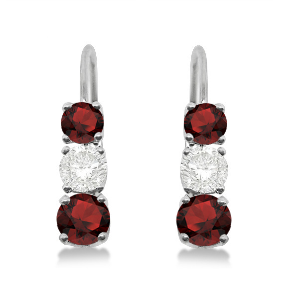 Three-Stone Leverback Diamond & Garnet Earrings 14k White Gold (3.00ct)