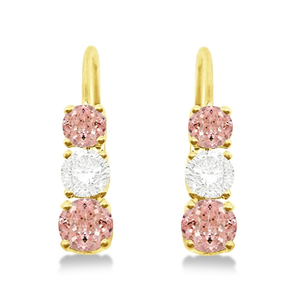 Three-Stone Leverback Diamond & Morganite Earrings 14k Yellow Gold (3.00ct)