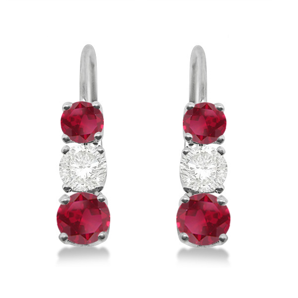 Three-Stone Leverback Diamond & Ruby Earrings 14k White Gold (3.00ct)