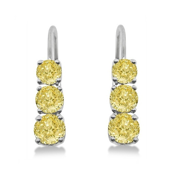 ThreeStone Leverback Yellow Diamond Earrings 14k White Gold 1ct IE165