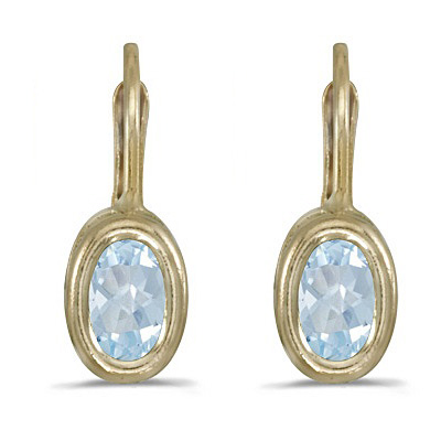 Bezel-Set Oval Aquamarine Lever-Back Earrings 14k Yellow Gold