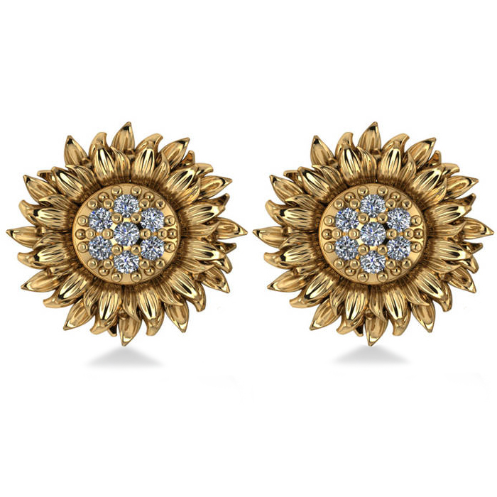 Diamond Sunflower Shaped Earrings 14k Yellow Gold (0.14ct)
