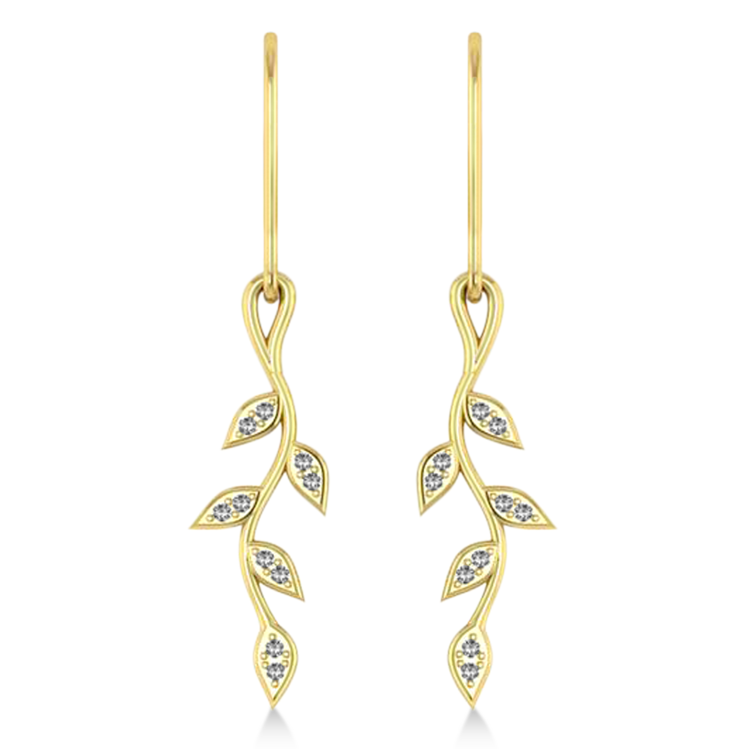 Diamond Olive Vine Leaf Drop Earrings 14k Yellow Gold (0.20ct)