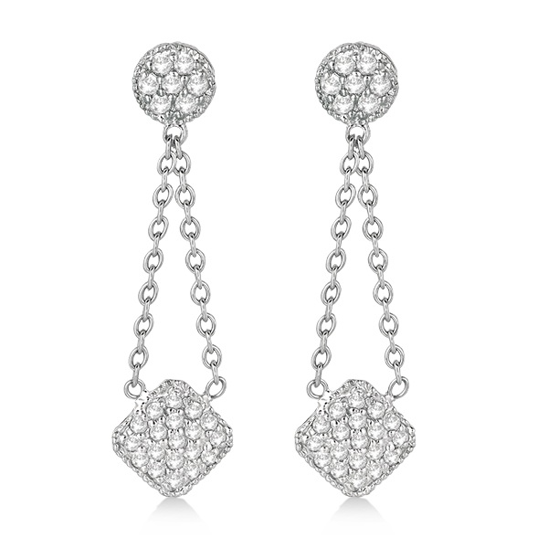 Circle & Square Diamond Dangling Drop Earrings 14K White Gold 0.65ct
