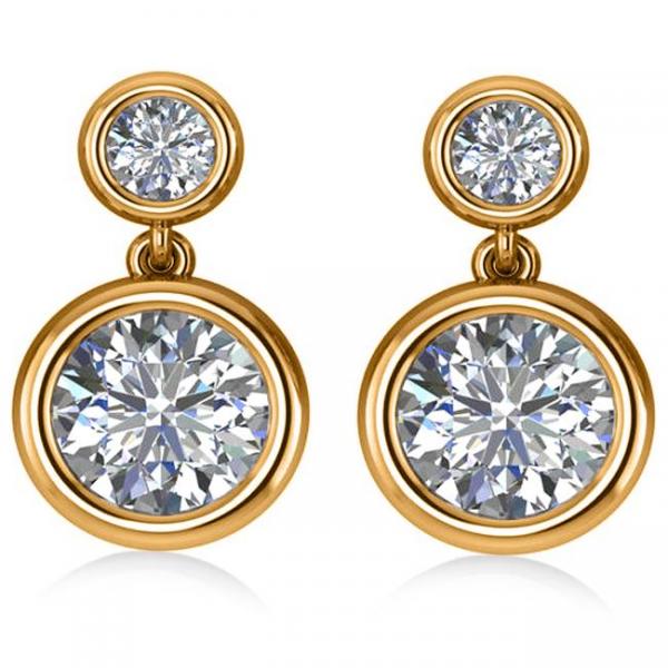 Double Round-Cut Bezel Diamond Drop Earrings 14k Yellow Gold (4.50ct)