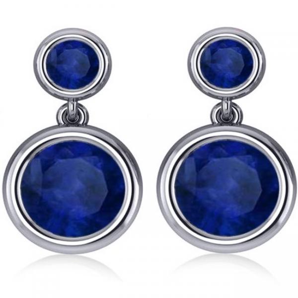 Double Blue Sapphire Gemstone Drop Earrings 14k White Gold (4.50ct)