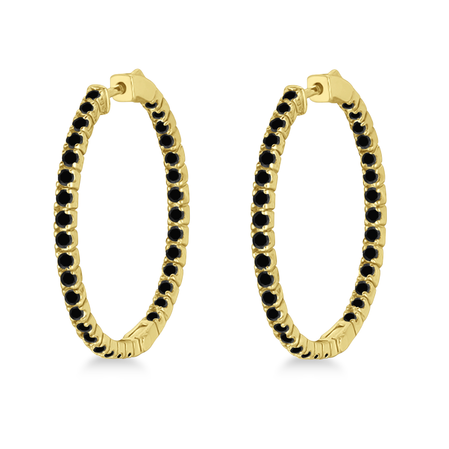 Large Round Black Diamond Hoop Earrings 14k Yellow Gold 2.05