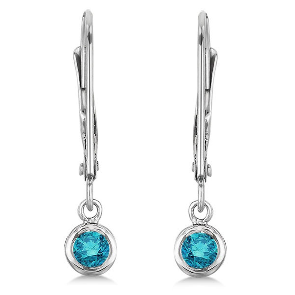 Leverback Dangling Drop Blue Diamond Earrings 14k White Gold (0.20ct)