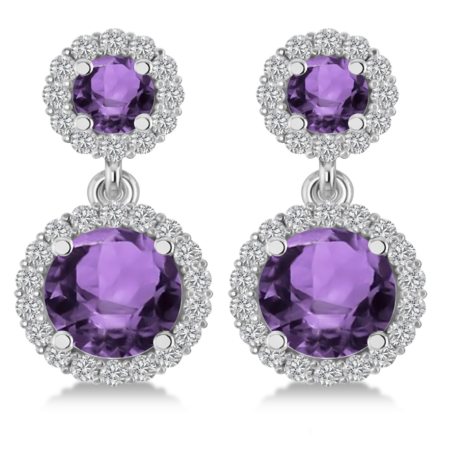 Two Stone Dangling Amethyst & Diamond Earrings 14k White Gold (3.00ct)
