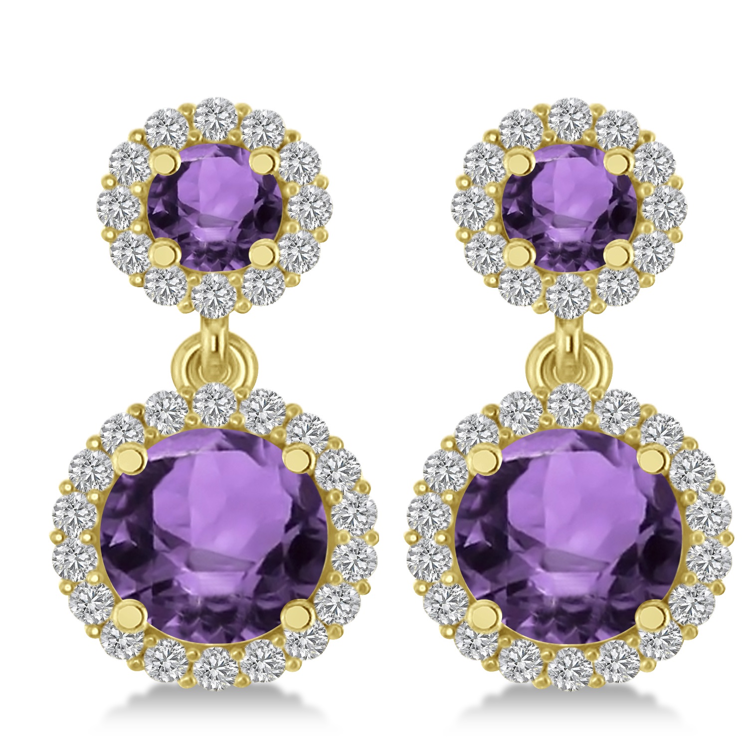 Two Stone Dangling Amethyst & Diamond Earrings 14k Yellow Gold (3.00ct)