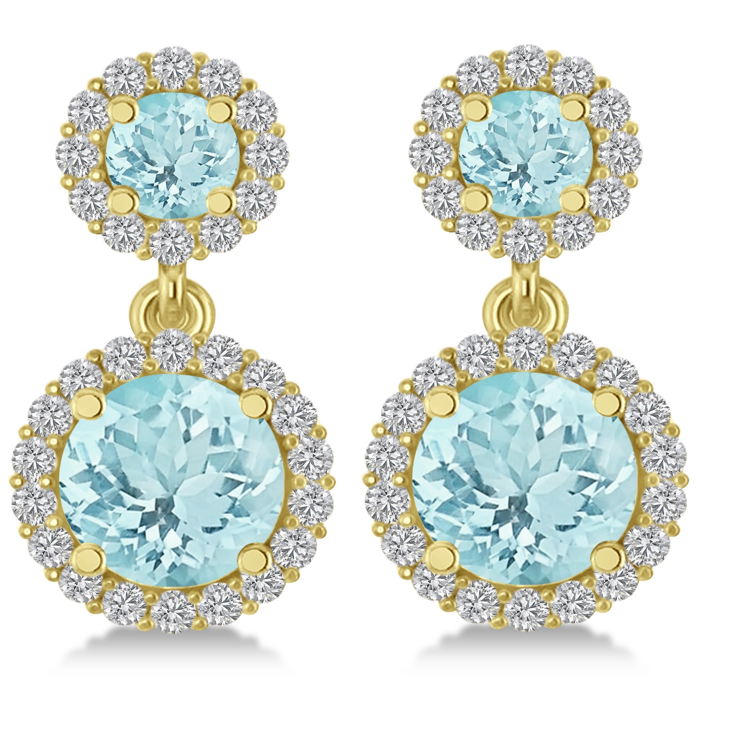Two Stone Dangling Aquamarine & Diamond Earrings 14k Yellow Gold 3ct