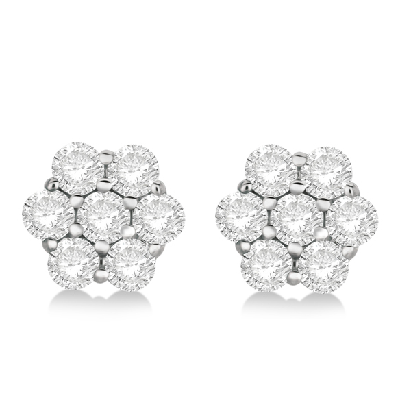 Flower Shaped Diamond Cluster Stud Earrings 14K White Gold (3.50ct)