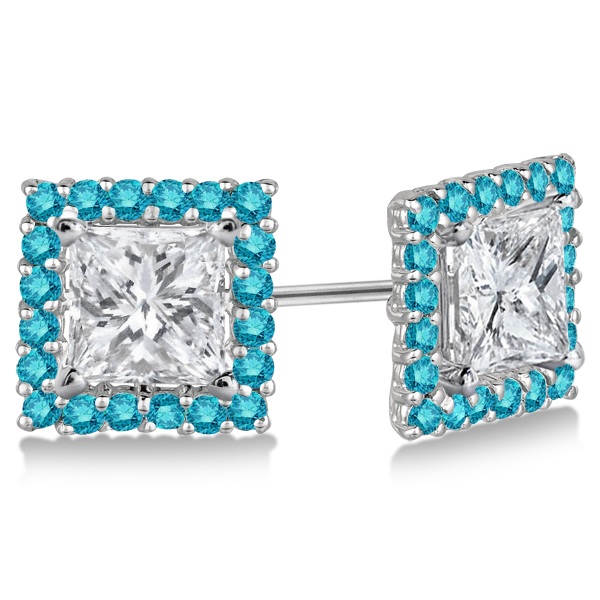 Square Blue Diamond Earring Jackets Pave-Set 14k White Gold (0.50ct)