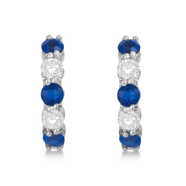 Prong Set Lab Blue Sapphire & Lab Grown Diamond Hoop Earrings 14k White Gold (2.06ct)