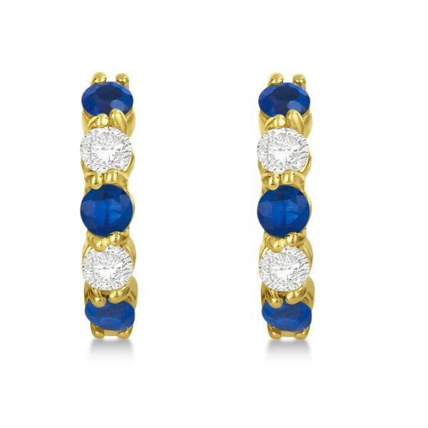 Prong Set Lab Blue Sapphire & Lab Grown Diamond Hoop Earrings 14k Yellow Gold (2.06ct)