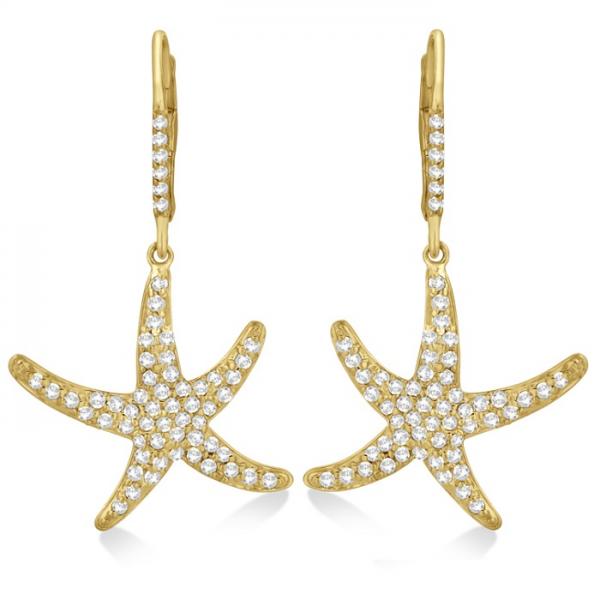 Dangling Starfish Diamond Earrings Pave Set 14k Yellow Gold (1.17ct)