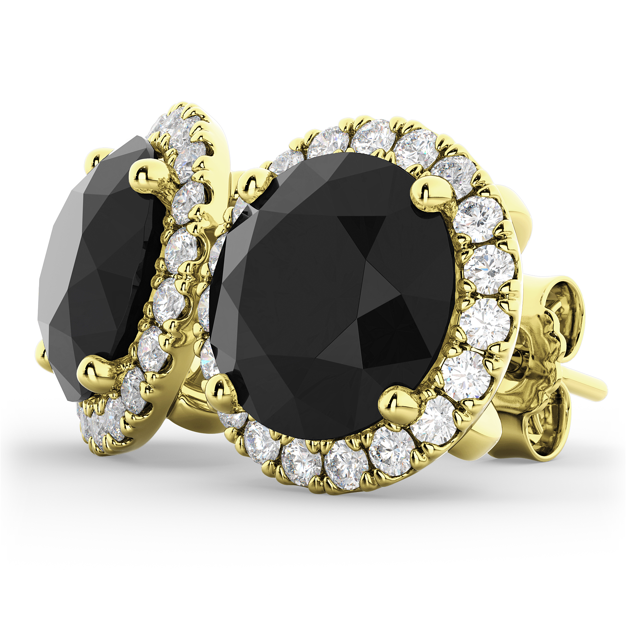 Halo Round Black Diamond & Diamond Earrings 14k Yellow Gold (4.57ct)