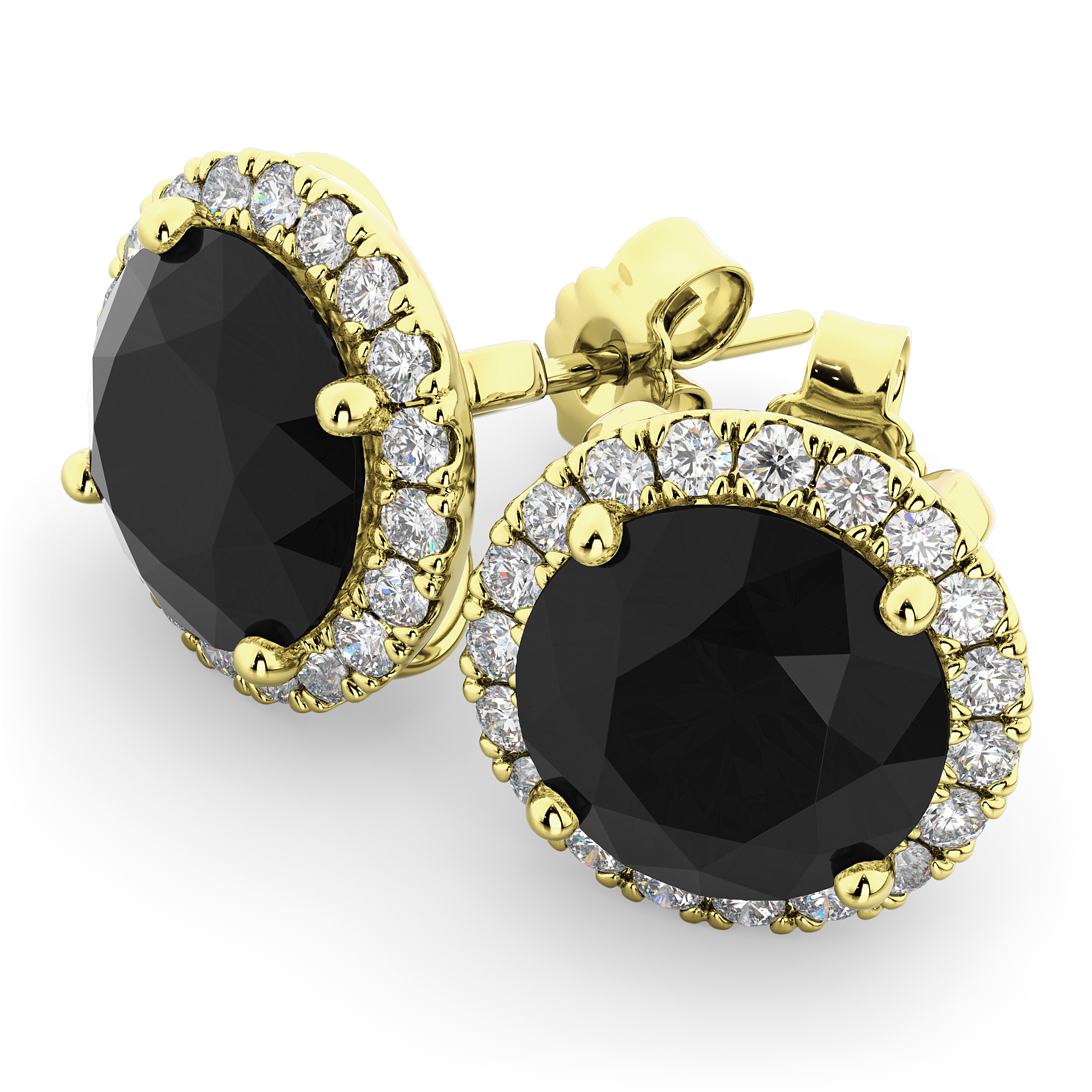 Halo Round Black Diamond & Diamond Earrings 14k Yellow Gold (4.57ct)