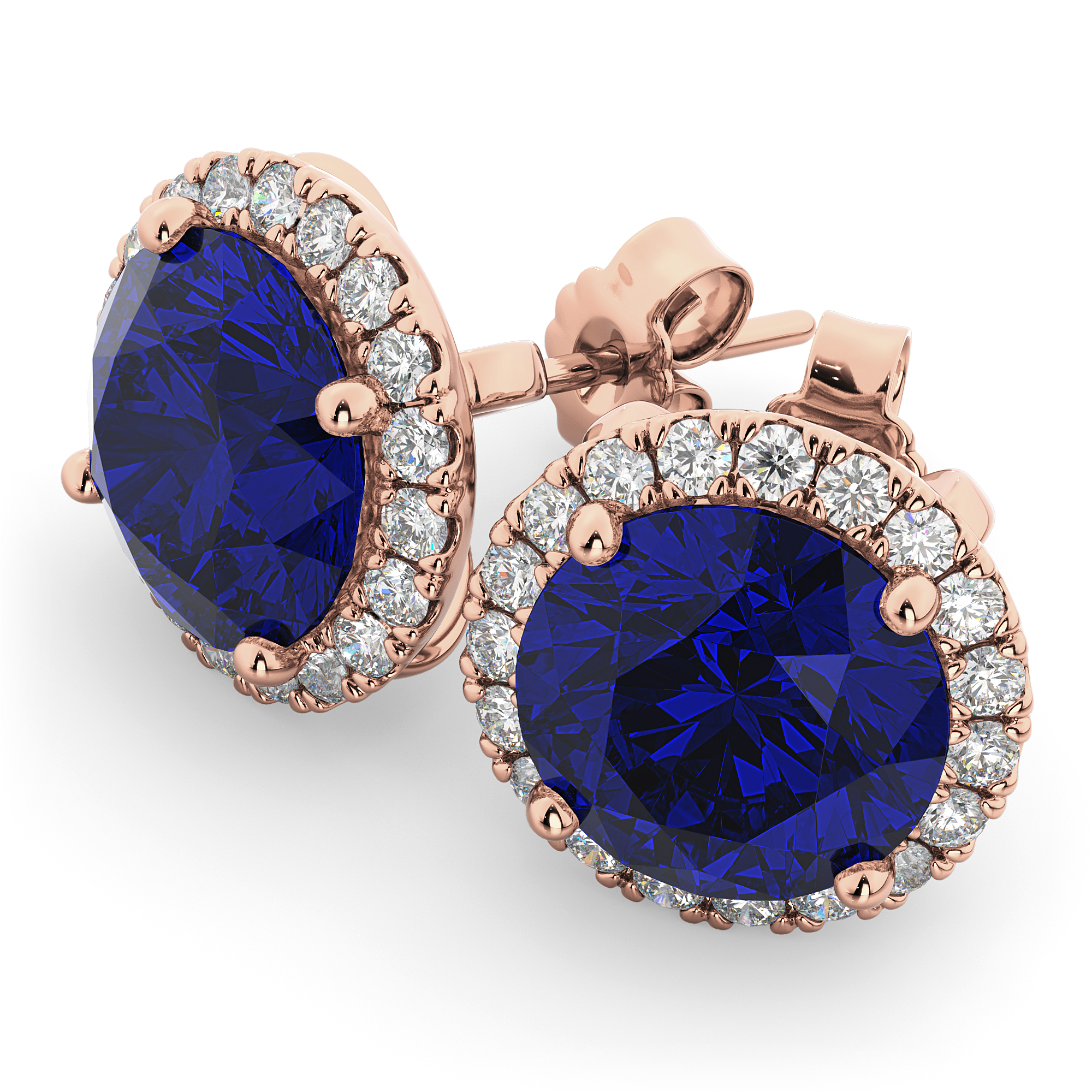 Halo Round Blue Sapphire & Diamond Earrings 14k Rose Gold (5.17ct)