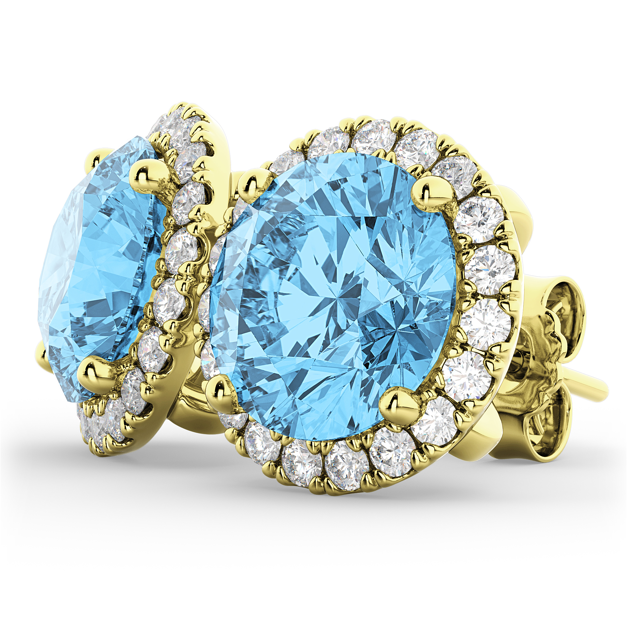 Halo Round Blue Topaz & Diamond Earrings 14k Yellow Gold (5.57ct)