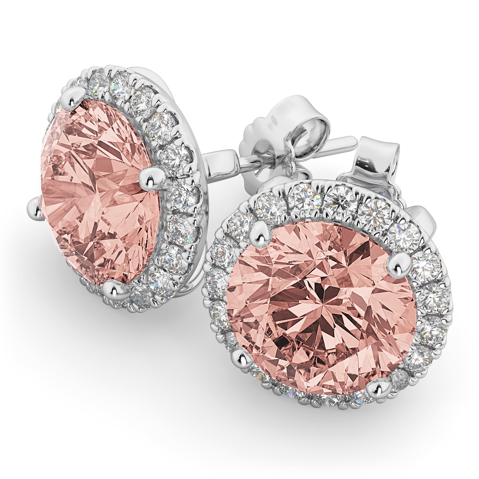 Halo Round Morganite & Diamond Earrings 14k White Gold (4.17ct)