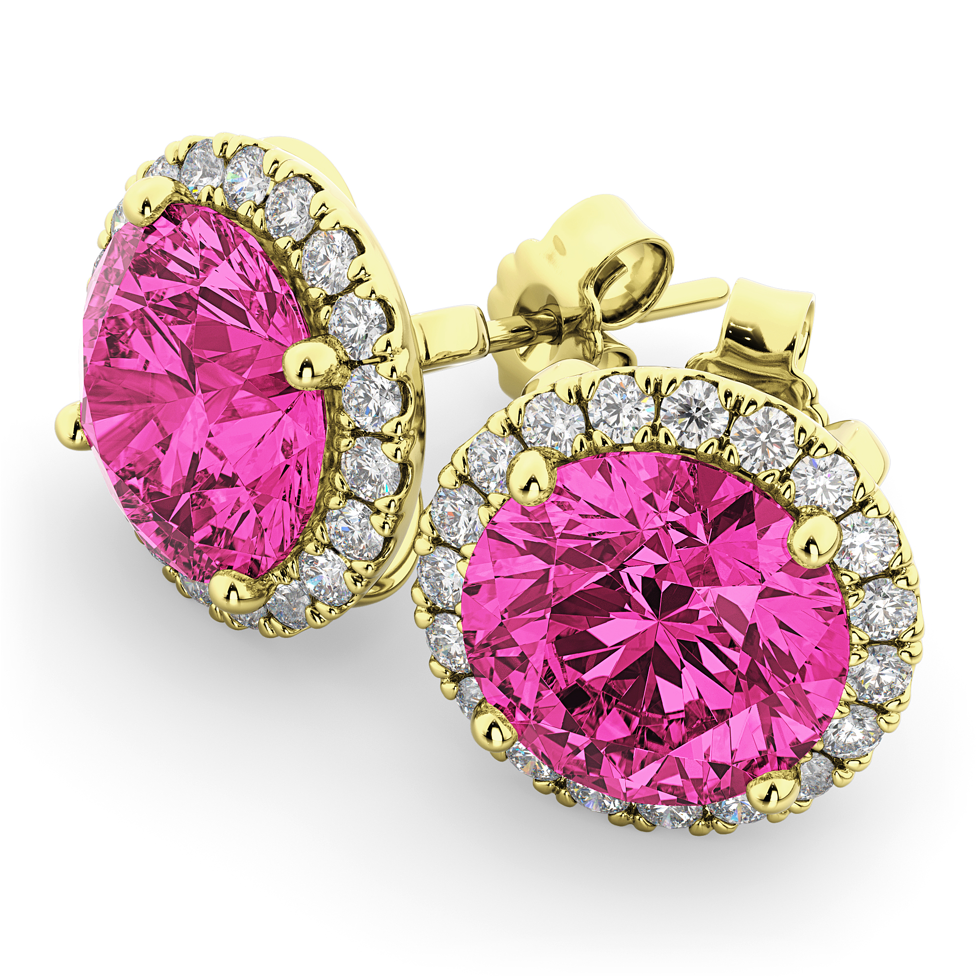 Halo Round Pink Tourmaline & Diamond Earrings 14k Yellow Gold (4.57ct)
