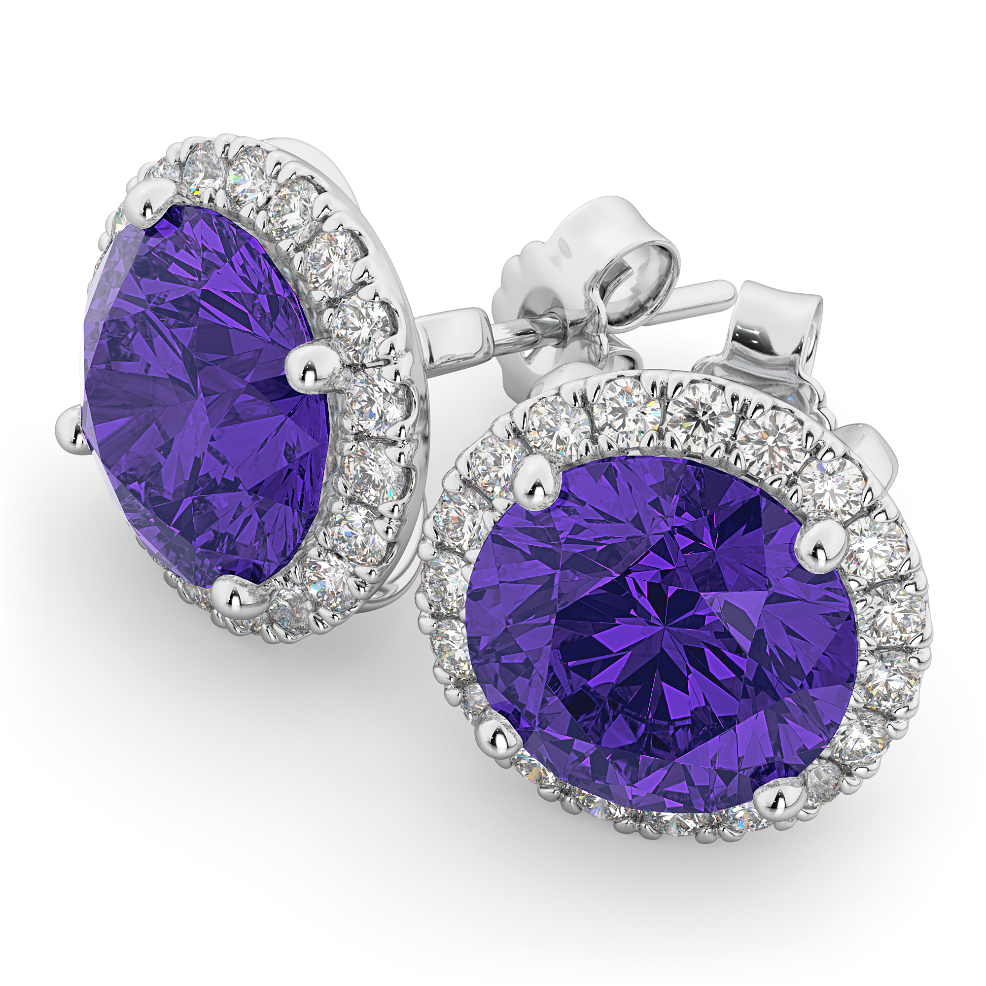 Halo Round Tanzanite & Diamond Earrings 14k White Gold (4.17ct)
