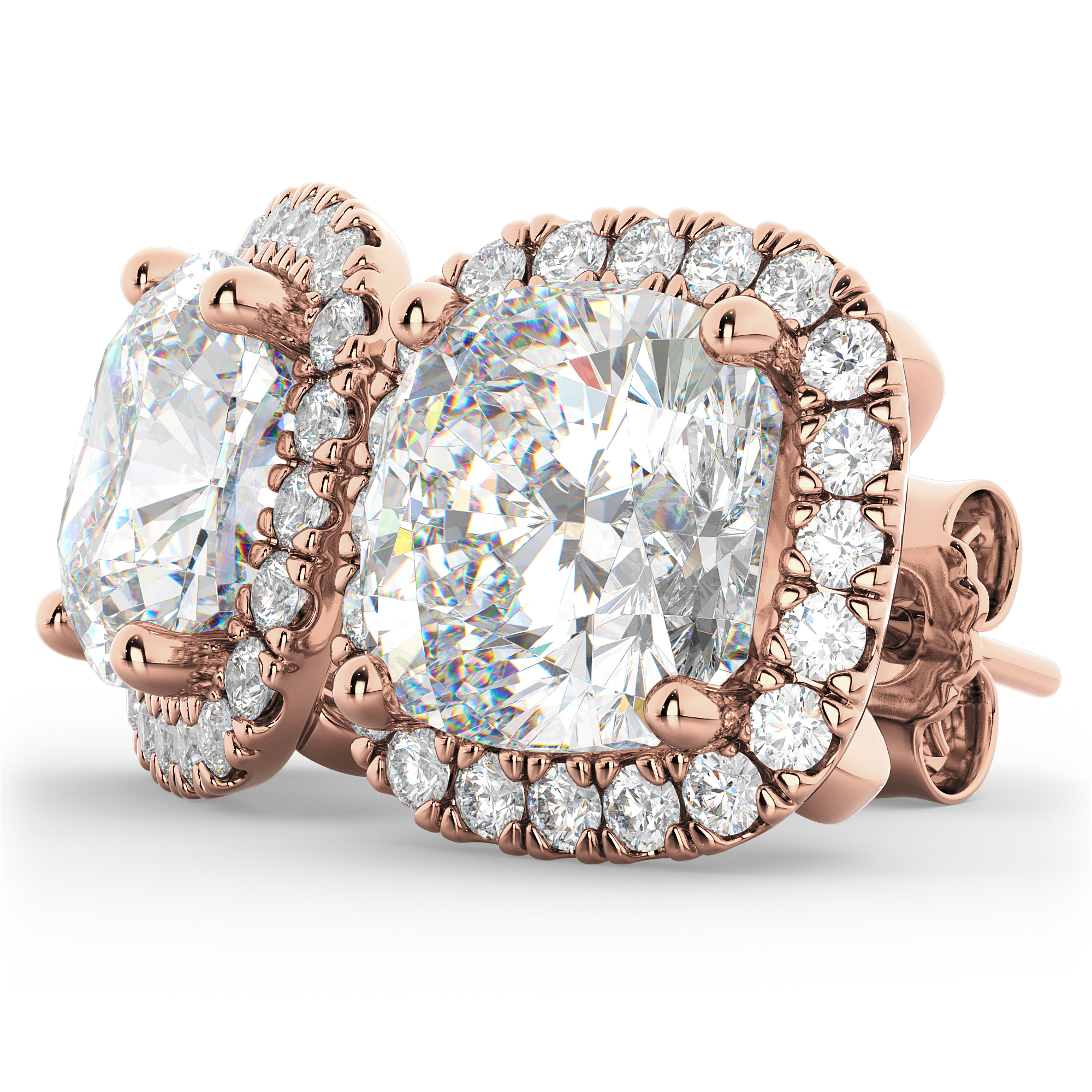 Halo Cushion Cut Diamond Stud Earrings 14k Rose Gold (3.10ct)