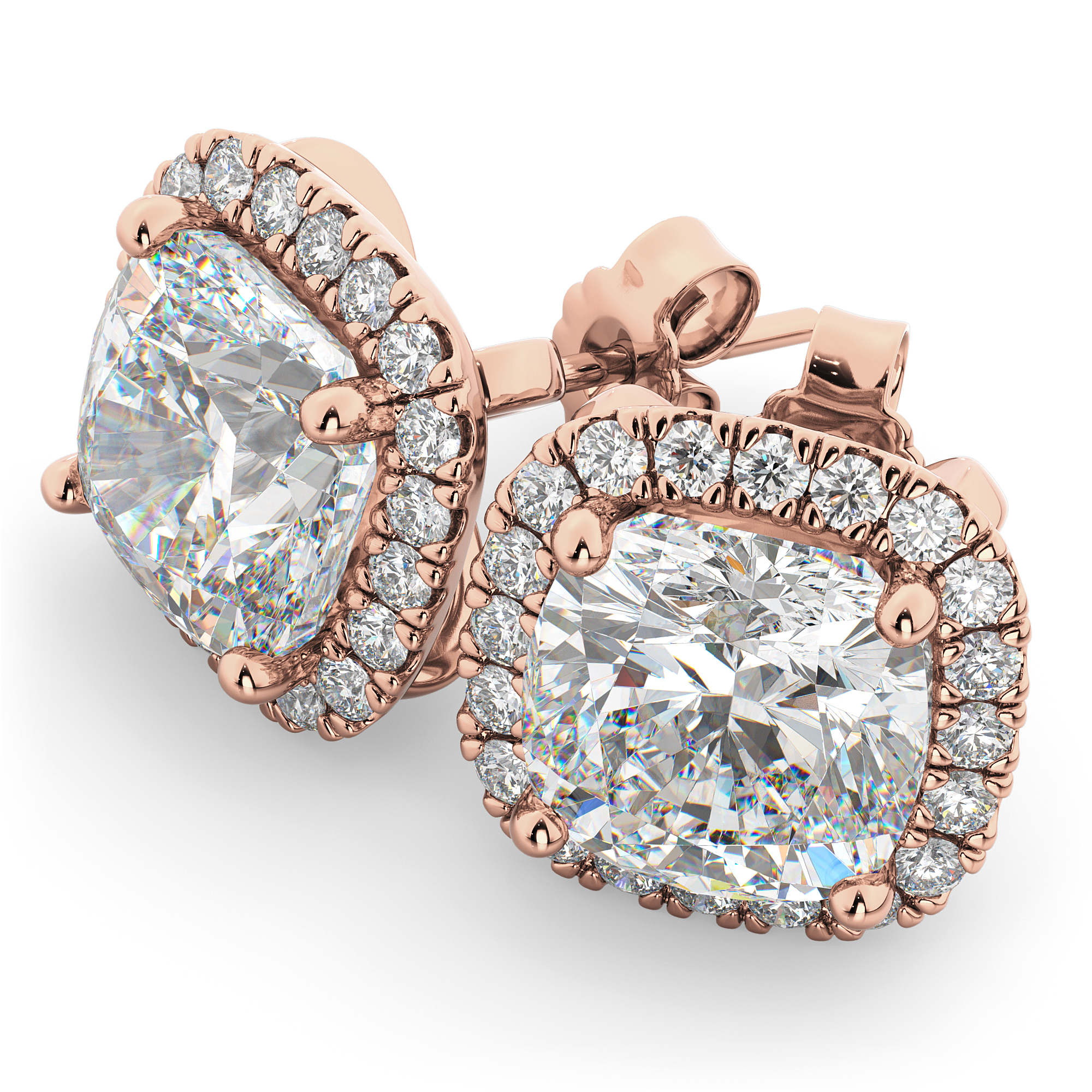 Halo Cushion Cut Diamond Stud Earrings 14k Rose Gold (3.10ct)