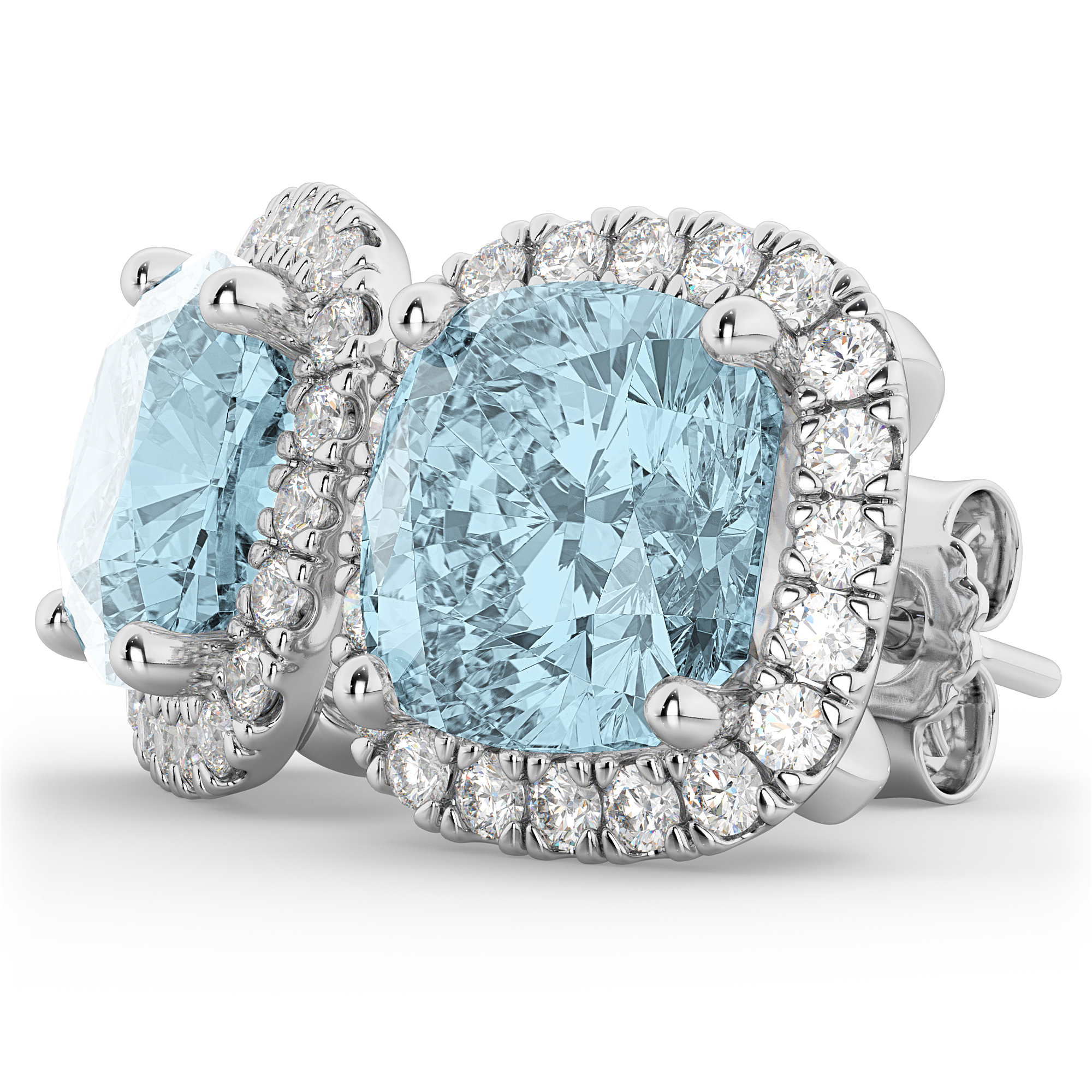 Halo Cushion Aquamarine & Diamond Earrings 14k White Gold (4.04ct)