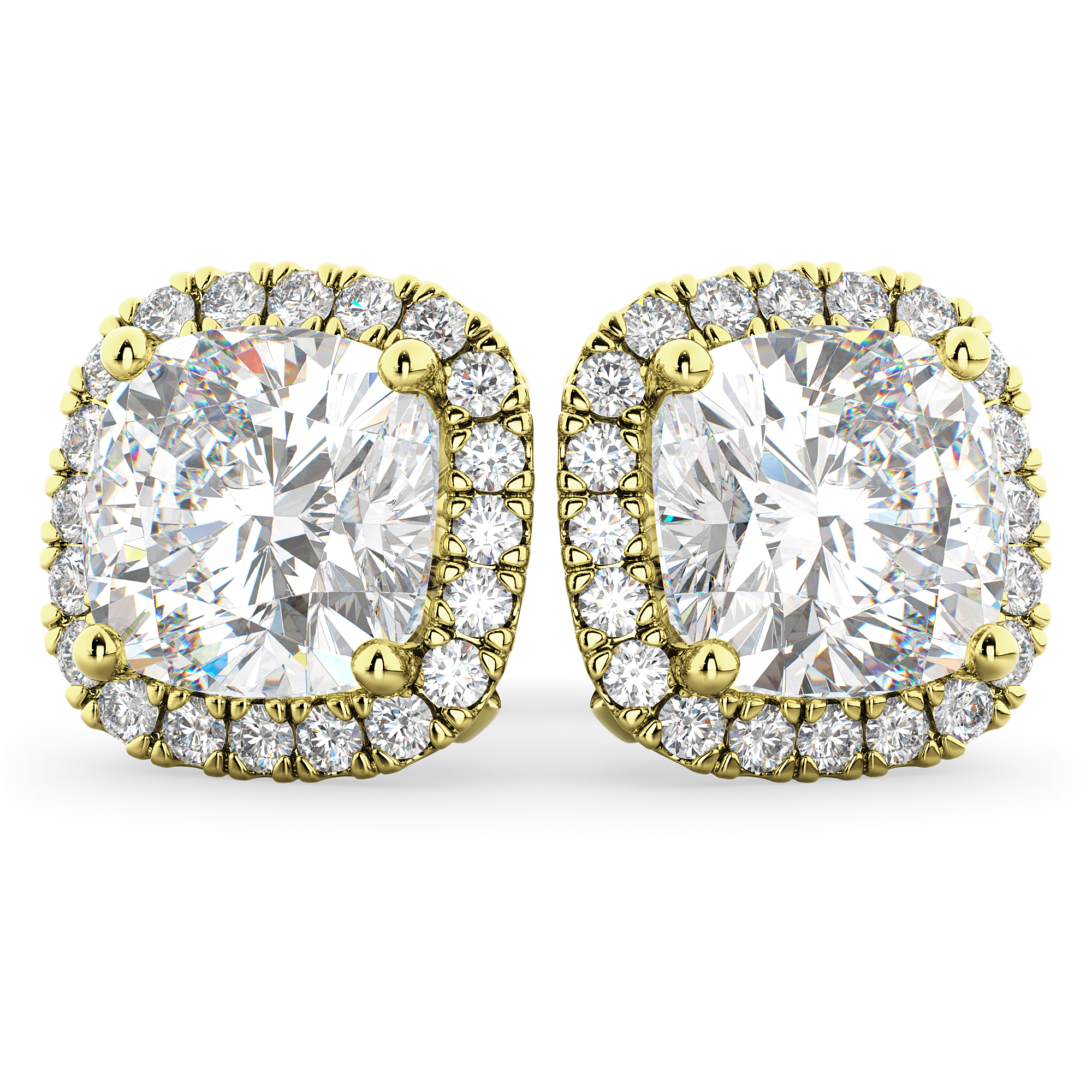 Halo Cushion Cut Lab Grown Diamond Stud Earrings 14k Yellow Gold (3.10ct)