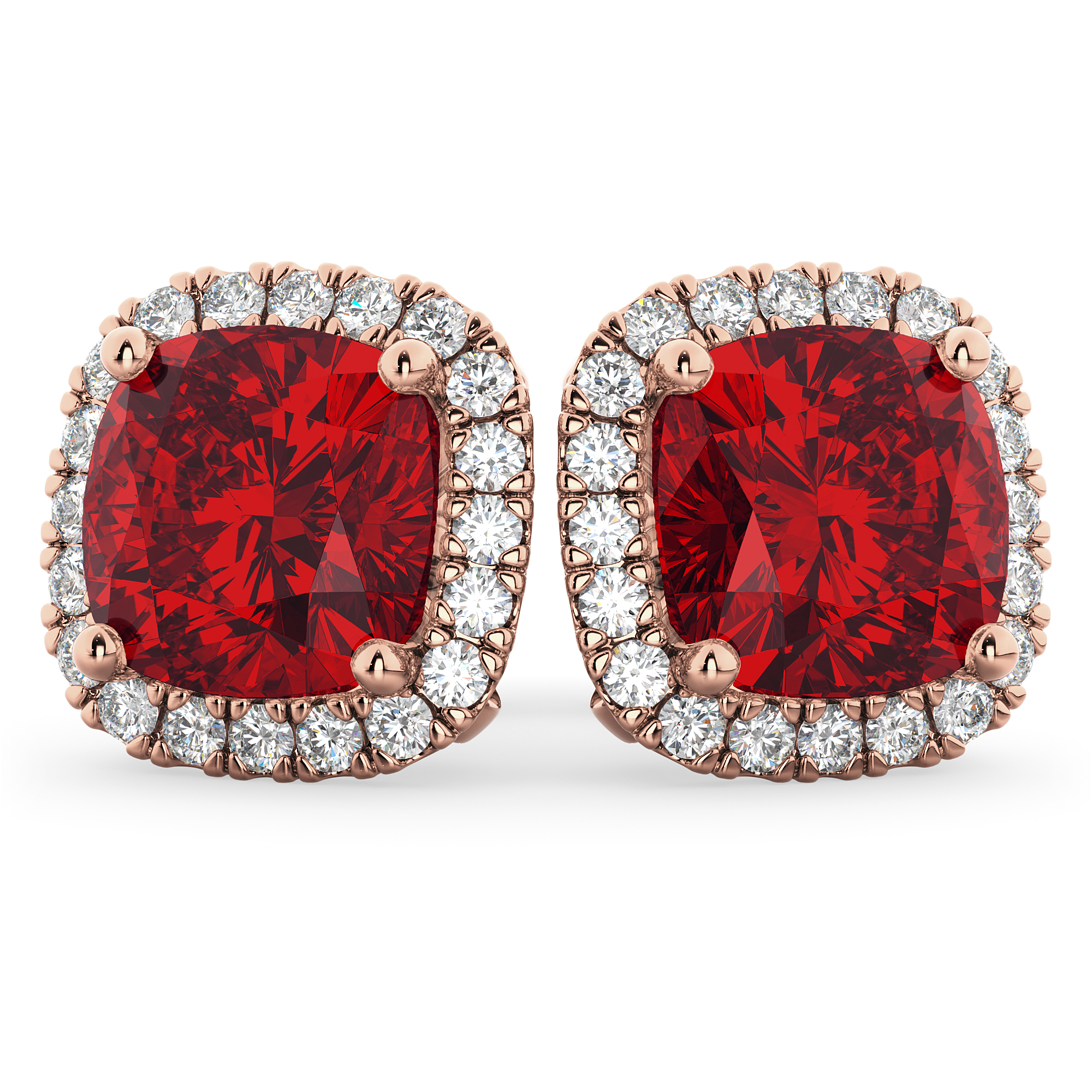 Halo Cushion Lab Ruby & Diamond Earrings 14k Rose Gold (4.04ct)