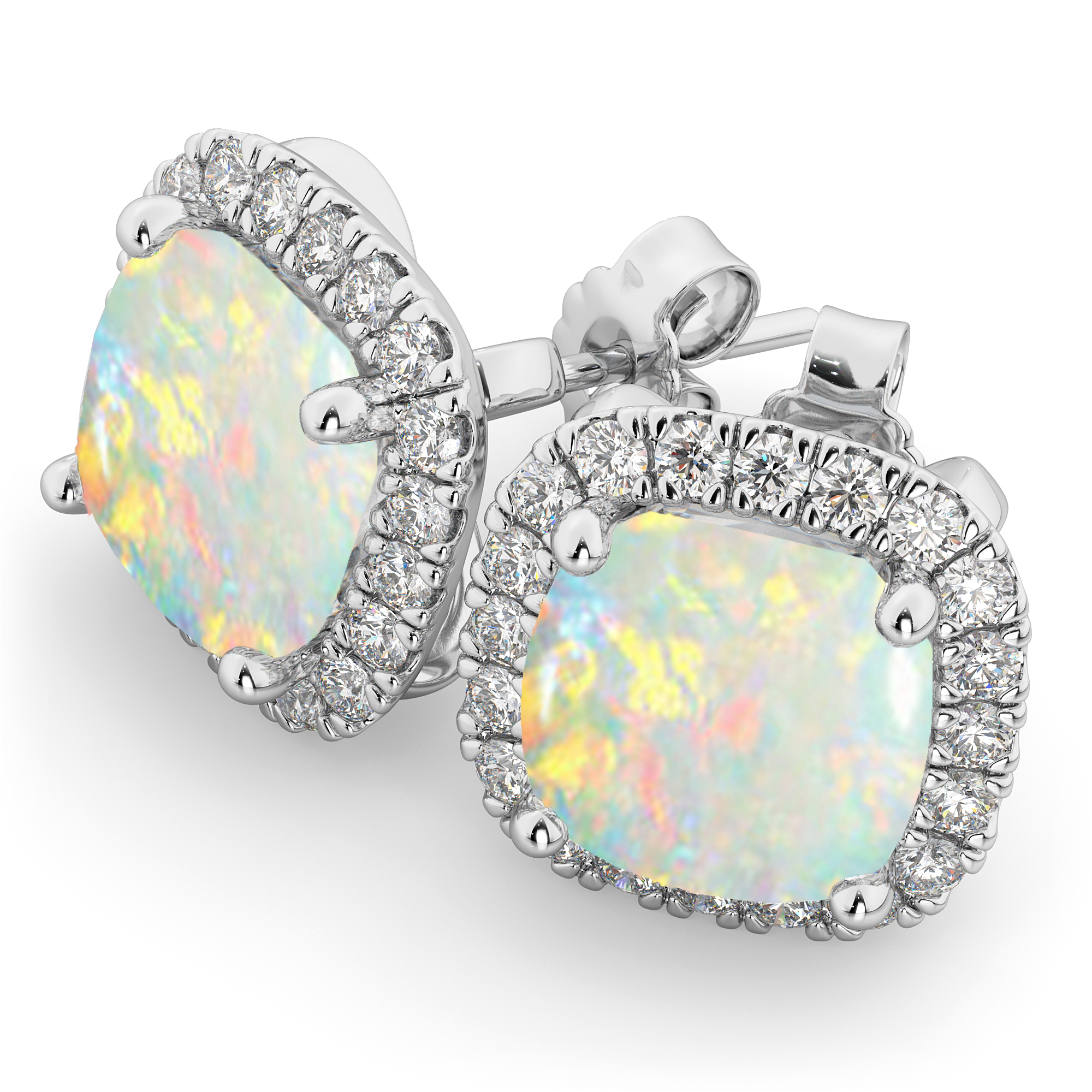 Halo Cushion Opal & Diamond Earrings 14k White Gold (4.04ct)