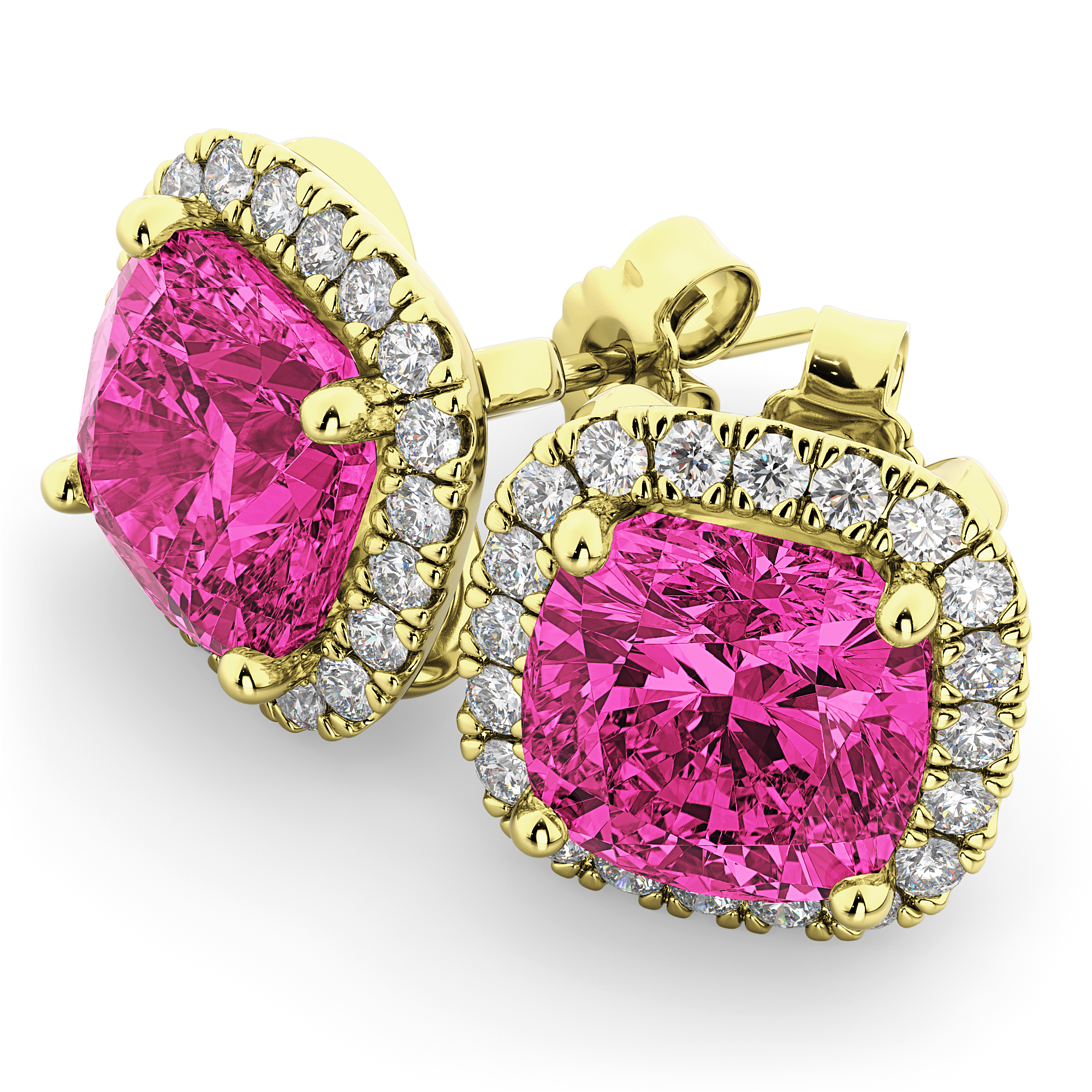 Halo Cushion Pink Tourmaline & Diamond Earrings 14k Yellow Gold (4.04ct)
