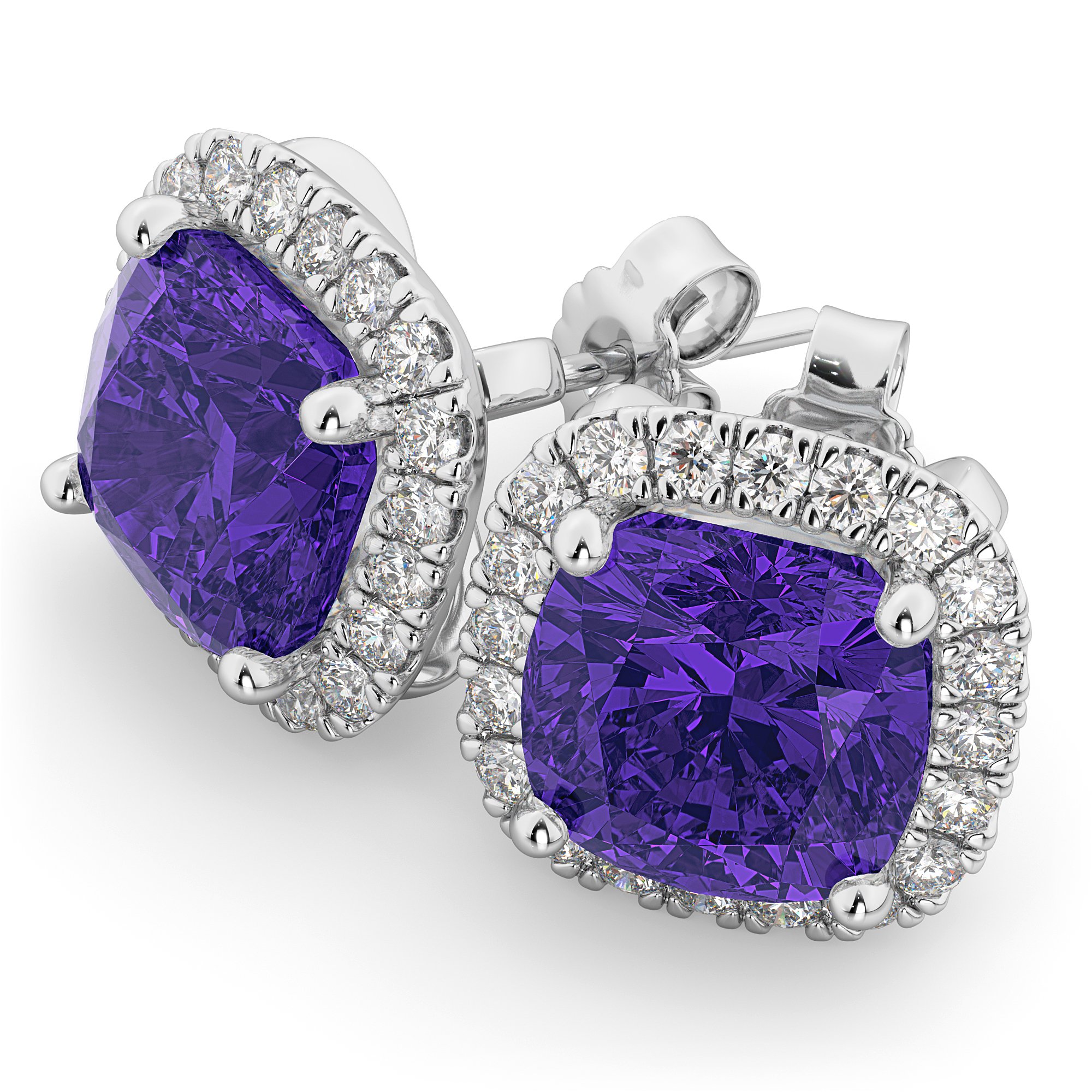 Halo Cushion Tanzanite & Diamond Earrings 14k White Gold (4.04ct)