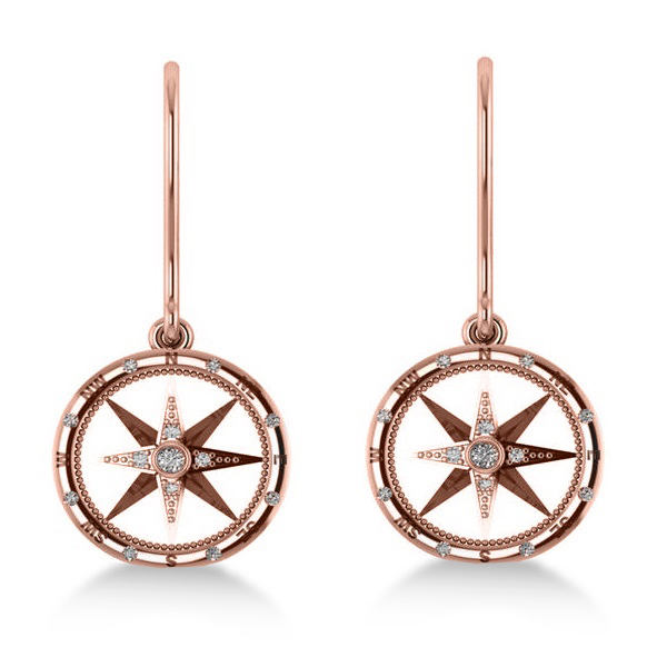 Diamond Nautical Dangle Compass Earrings 14k Rose Gold (0.16ct)