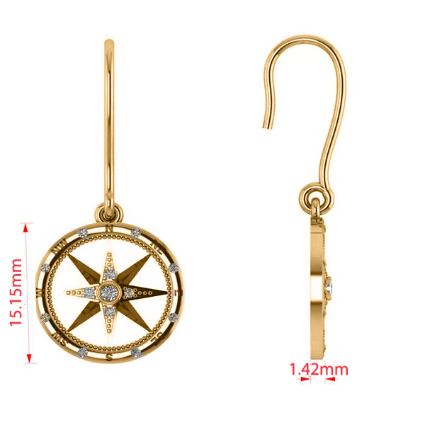 Diamond Nautical Dangle Compass Earrings 14k Yellow Gold (0.16ct)