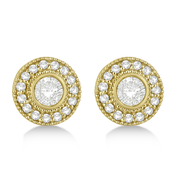 Vintage Diamond Halo Stud Earrings Bezel Set 14k Yellow Gold (0.77ct)