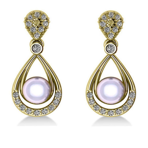 Pearl & Diamond Tear Drop Earrings 14k Yellow Gold (0.39ct)