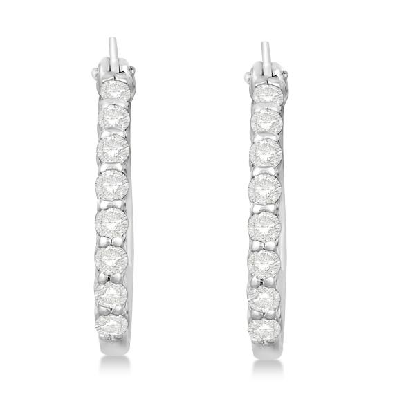 Genuine Diamond Hoop Earrings Pave Set in 14k White Gold 0.50ct