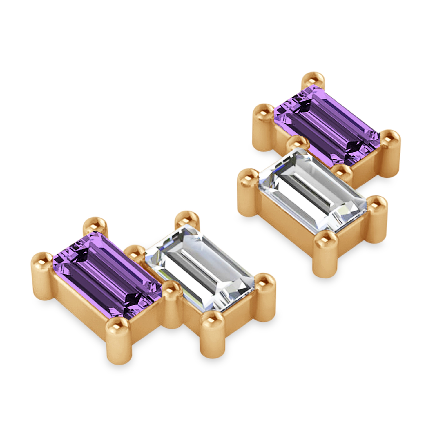 Bar Amethyst & Diamond Baguette Earrings 14k Rose Gold (1.30 ctw)